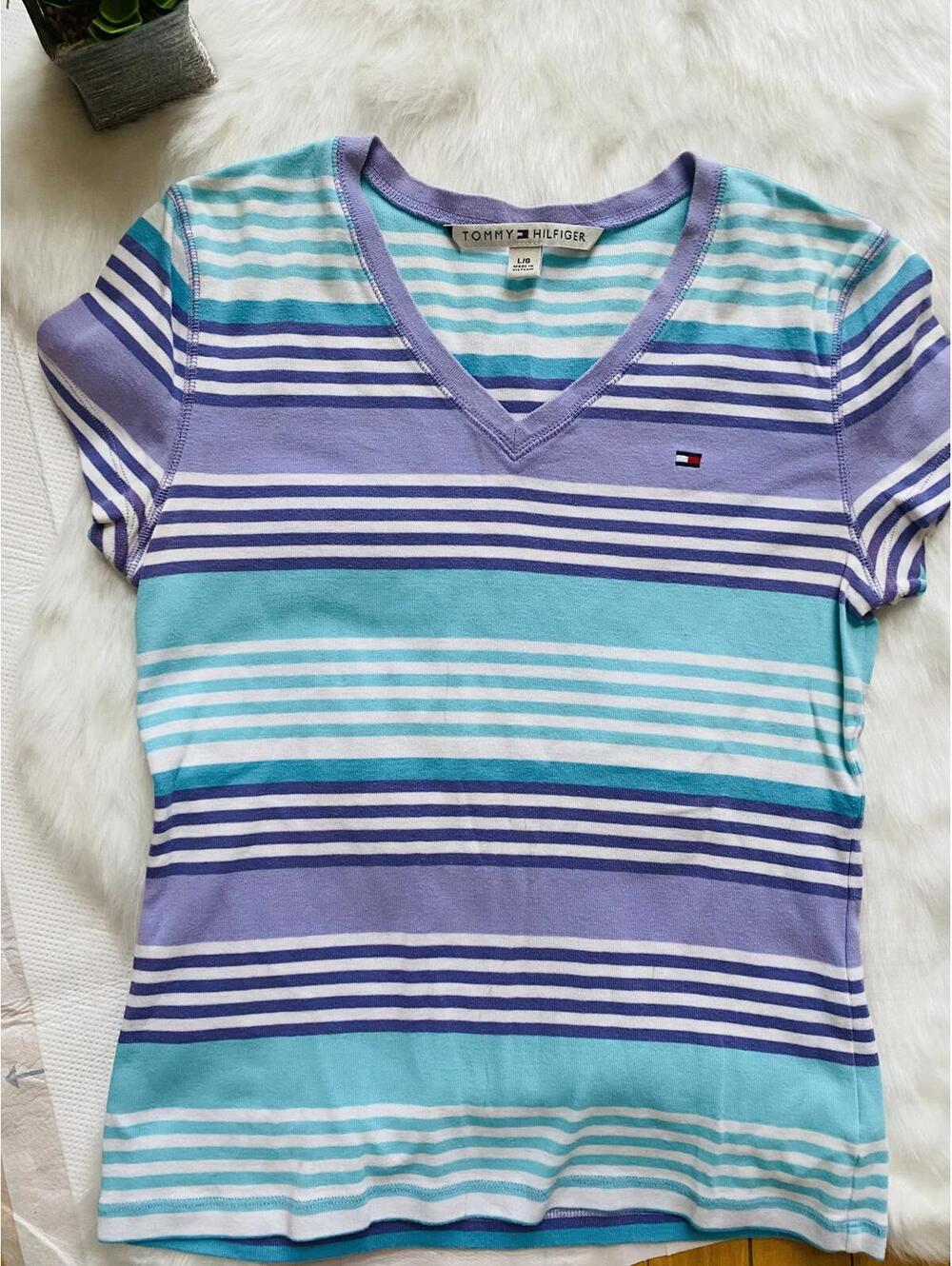 Tommy Hilfiger Women's Striped V-Neck Short Sleeve Top Large